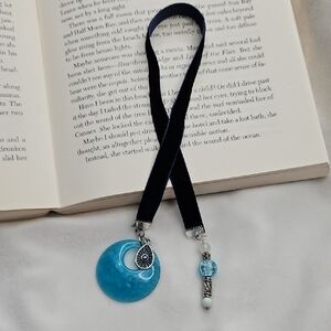 Handmade Navy Blue Velvet Ribbon Turquoise Beaded Bookmark Upcycled DIY